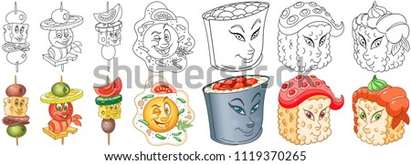 Cartoon Snack and Sushi Collection. Coloring pages and colorful designs for coloring book, t-shirt print, icon, logo, label, patch, sticker. Vector illustrations.