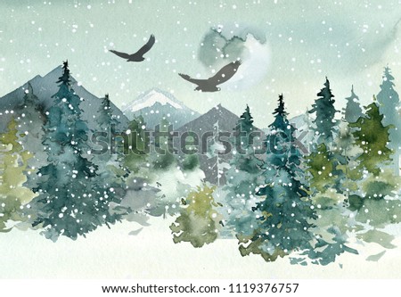 Watercolor Grey  Fir Trees Forest Background Texsture 