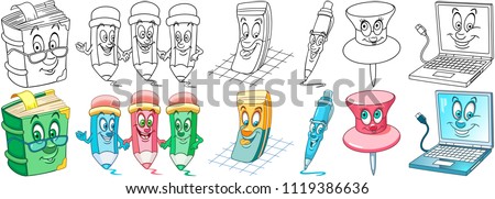 School supplies. Cartoon Office Stationery Collection. Coloring pages and colorful designs for coloring book, t-shirt print, icon, logo, label, patch, sticker. Vector illustrations.