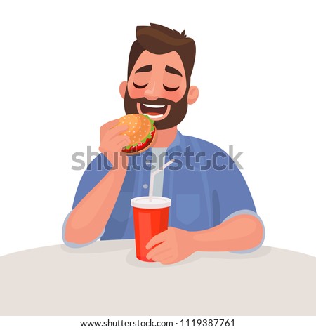 Man is eating fast food. The concept of unhealthy diet and wrong lifestyle. Vector illustration in cartoon style Royalty-Free Stock Photo #1119387761