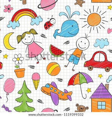 seamless pattern with colored kids drawings - vector illustration, eps