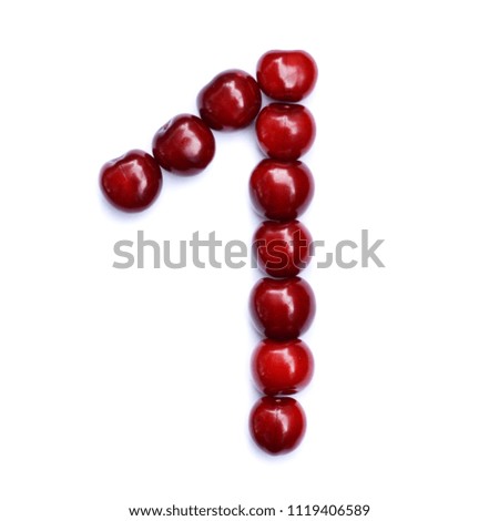 Number one. A figure composed of cherries isolated on a white background.