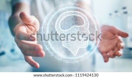 Businessman on blurred background using digital artificial intelligence icon hologram 3D rendering