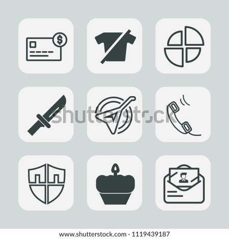 Premium set of outline, fill icons. Such as diagram, string, dessert, credit, protection, cash, shield, music, finance, graph, dinner, shirt, account, bank, phone, fork, food, knife, sign, security