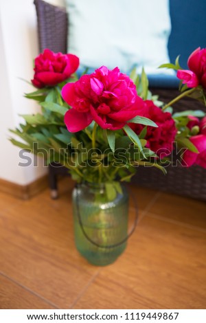 a bouquet of beautiful pions in a large vase stands on the floor near the sofa with pillows
