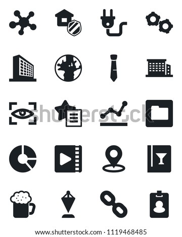 Set of vector isolated black icon - gear vector, office building, pennant, circle chart, earth, share, chain, favorites list, folder, place tag, video, point graph, tie, estate insurance, wine card