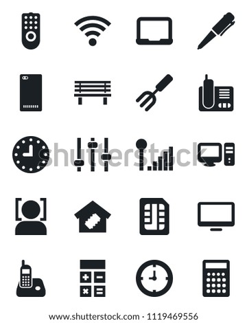 Set of vector isolated black icon - calculator vector, pen, notebook pc, garden fork, bench, clock, monitor, radio phone, back, tuning, sim, wireless, face id, cellular signal, smart home