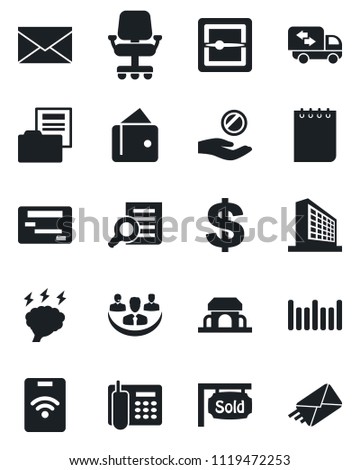 Set of vector isolated black icon - mail vector, office building, dollar sign, document search, notepad, brainstorm, barcode, scanner, company, folder, phone, sold signboard, moving, cafe, pass card