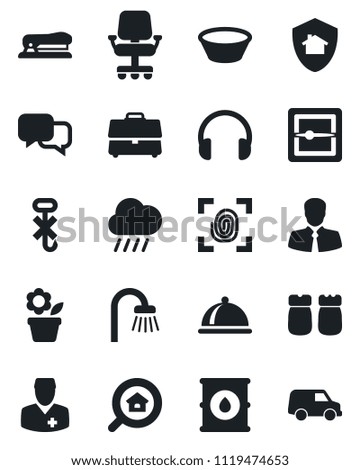 Set of vector isolated black icon - flower in pot vector, rain, doctor, client, no hook, oil barrel, dialog, headphones, scanner, case, stapler, estate search, bathroom, dish, salt and pepper, bowl