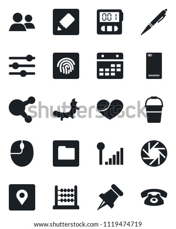 Set of vector isolated black icon - mouse vector, bucket, caterpillar, share, group, heart, paper pin, phone back, mobile camera, tuning, stopwatch, folder, calendar, notes, place tag, abacus, pen