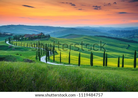 Magical colorful sunset in Tuscany. Picturesque agrotourism and typical curved road with cypress, Crete Senesi rural landscape in Tuscany, Italy, Europe Royalty-Free Stock Photo #1119484757