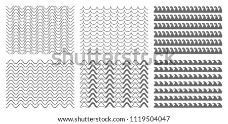 Creative vector illustration of blue sea line ornament set isolated on transparent background. Art design seamless marine wave decoration pattern. Abstract concept curvy, zigzag wavy paper element