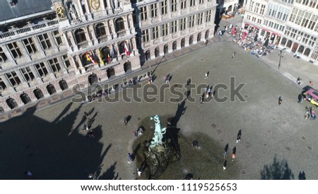 Aerial picture Grote Markt Great Market Square of Antwerp town square situated in heart of old city quarter it is filled with an extravagant city hall and numerous elaborate 16th century guildhalls