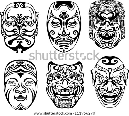 Japanese Nogaku Theatrical Masks. Set of black and white vector illustrations. Royalty-Free Stock Photo #111956270