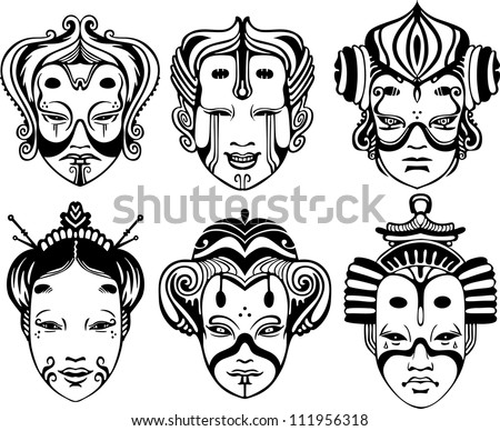Japanese Tsure Noh Theatrical Masks. Set of black and white vector illustrations. Royalty-Free Stock Photo #111956318