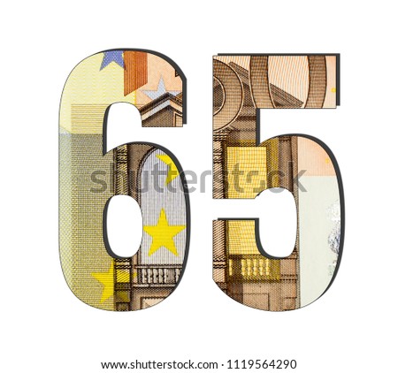 65 3d Number. Euro banknotes. Money texture. Isolated on white background. Currencie of the European Union
