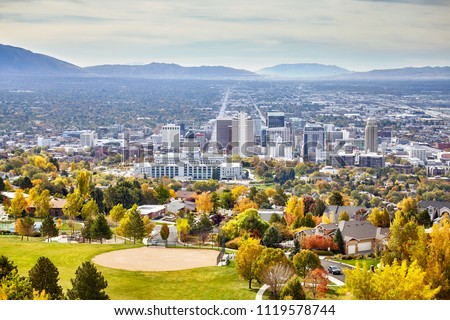 Aerial view of the Salt Lake City downtown in autumn, Utah, USA.
