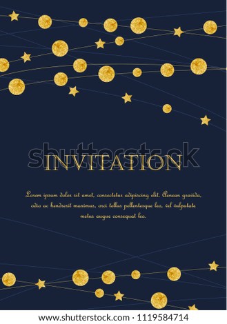 Vector illustration card template with golden color circles background. Design with gold glittering polka dot decoration
