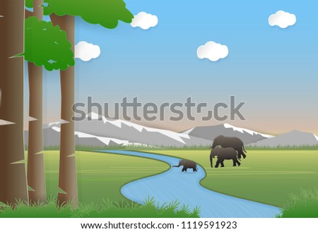Elephants family in meadow. Nature landscape background  paper art style illustration.