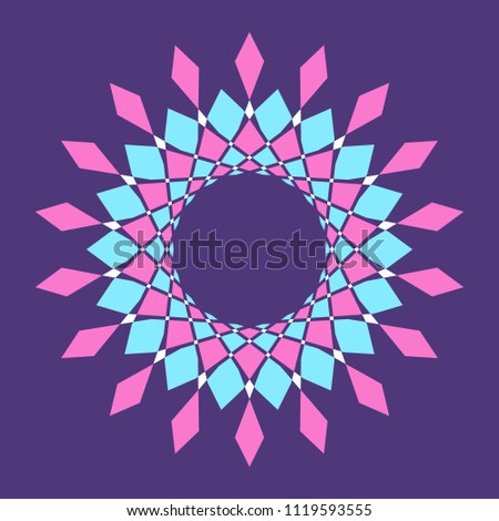 Abstract colorful vector circle frame. Halftone dot. Round logo. Technology circle emblem. Design element. Star, snowflake, round pattern. Dotted frame. Geometric fashion pattern. Vector illustration.