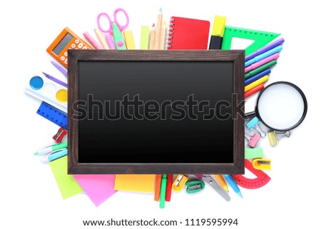 School supplies with wooden frame on white background