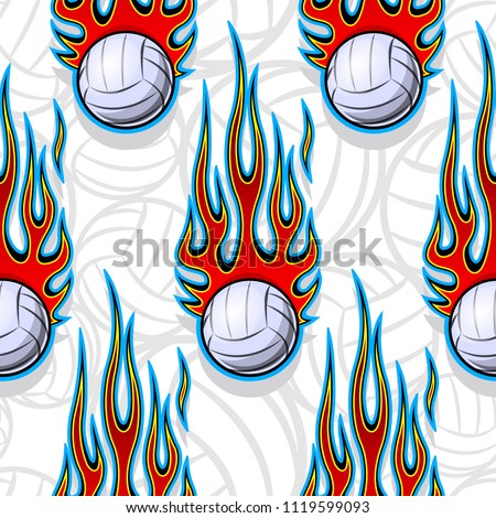 Volleyball ball seamless pattern with hot rod flame. Printable vector illustration. Ideal for wallpaper, packaging, fabric, textile, wrapping paper design and any decoration.