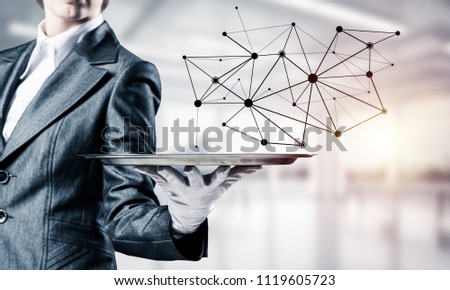 Cropped image of waitress's hand in white glove presenting black social media network structure on metal tray with office view and sunlight on background. 3D rendering.