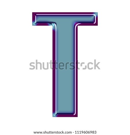 Shiny metallic blue & purple color letter T in a 3D illustration with a glossy chrome metal style and colorful bold style font isolated on white with clipping path