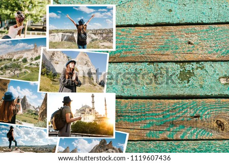 A lot of pictures on the wooden surface. Travel memories of Turkey. Next to the photos is a place for text. These are my photos and my artwork and design. All the photos separately are in my portfolio