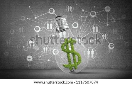 Lightbulb with green dollar symbol inside placed against sketched social network system on grey wall. 3D rendering.