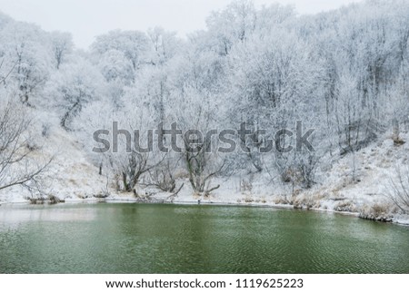 small emerald lake among a winter snowbound forest
