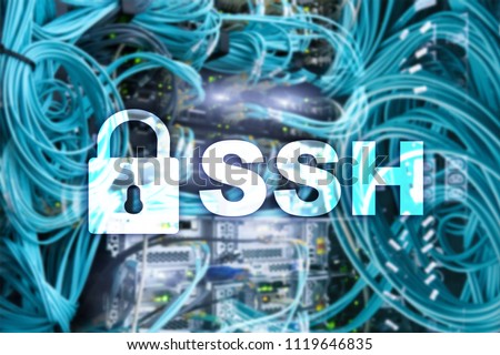 SSH - Secure shell network internet connection. Server room on background.
