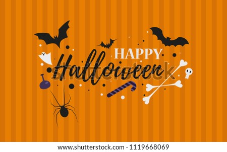 Halloween vector illustration with ghost, bats, candy, skull in flat style.