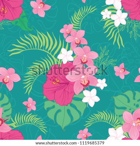 Tropical orchid and hibiscus flowers seamless repeat pattern. Great for summer exotic wallpaper, backgrounds, packaging, fabric, and giftwrap projects. Surface pattern design.