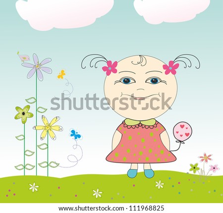 Girl with balloons in the meadow with flowers.Vector