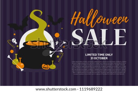 Halloween sale vector illustration with text and pot, bats, candy, skull in flat style.