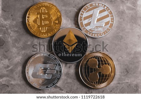 Bitcoin Ethereum Litecoin Ripple and Dash Cryptocurrency Coins
