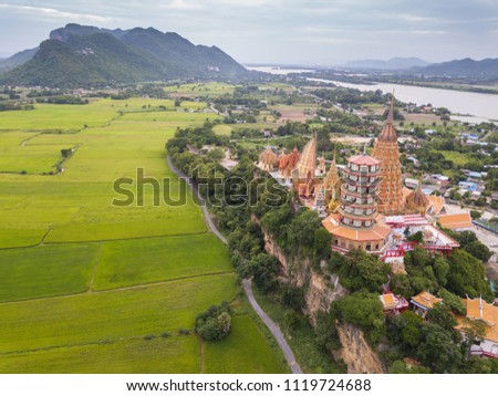 Aerial shot of Wat Tham sue or tiger cave temple in Kanchanaburi, Thailand