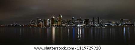 Panoramic view of San Diego, California skyline at night