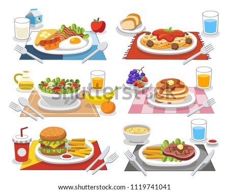 Sample food at each meal. Meals of people who should eat in a day. Ideas for creating a nutritional description for daily food. Royalty-Free Stock Photo #1119741041