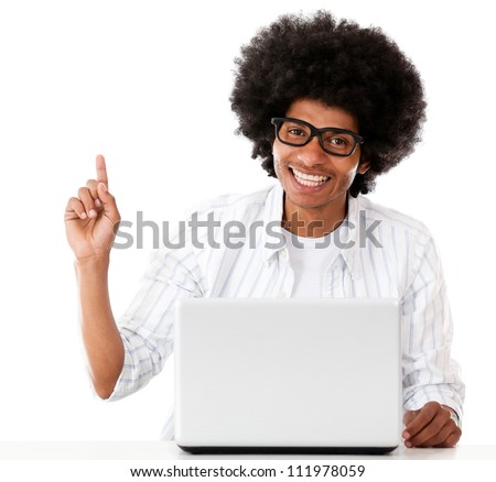 Geek with a laptop pointing an idea - isolated over a white background