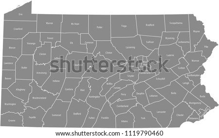 Pennsylvania county map labeled vector outline gray background. Map of Pennsylvania state of USA with borders and counties names Royalty-Free Stock Photo #1119790460