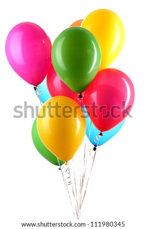 Hand holds colorful balloons isolated on white Royalty-Free Stock Photo #111980345
