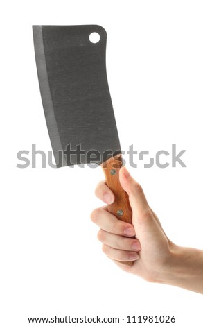 woman's hand holds a meat cleaver on white background close-up