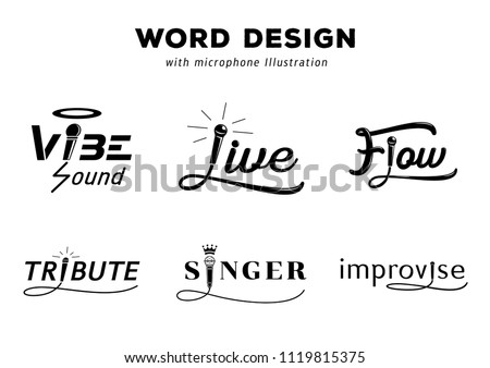 word design with microphone vector illustration set with vibe,live,flow,tribute,singer and improvise with microphone wire hand drawing style 