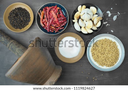 Thai ingredients and spices on dark wooden style backdrop for cooking concept
