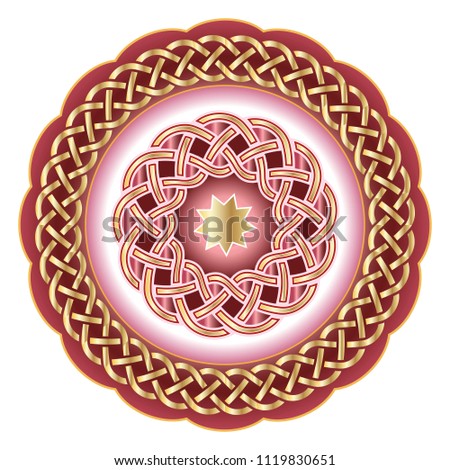 Decorative porcelain plate for table asset ornate with golden geometric pattern in traditional Celtic style. Celtic border, geometric ornament. Vector illustration, isolated object