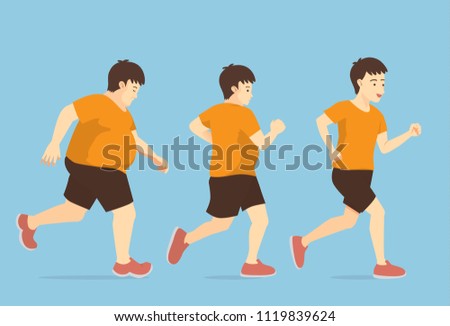 Fat man jogging to slim shape in 3 step. Illustration about concept of exercise for lose wiegth.