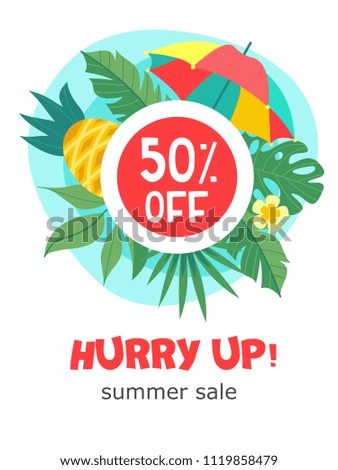 Big summer sale. Bright colorful advertising poster. Tropical leaves, flowers, pineapple. Discounts on everything. Happily up.  in cartoon style.