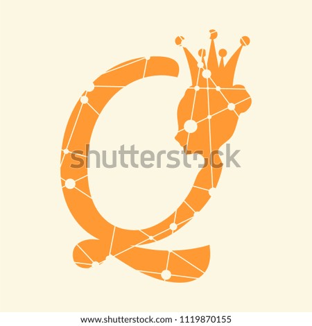 Vintage queen silhouette. Medieval queen profile. Elegant silhouette of a female head. Fashion branding emblem. Royal emblem with Q letter. Silhouette textured by lines and dots pattern